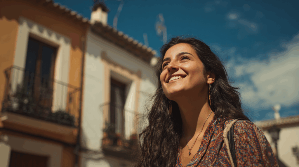 未来を見つめるスペイン人女性の画像