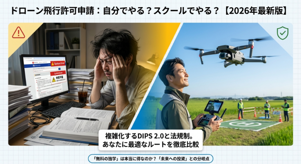 ドローン飛行許可申請を自分でやるかスクールでやるか徹底比較する2026年最新スライド資料の表紙