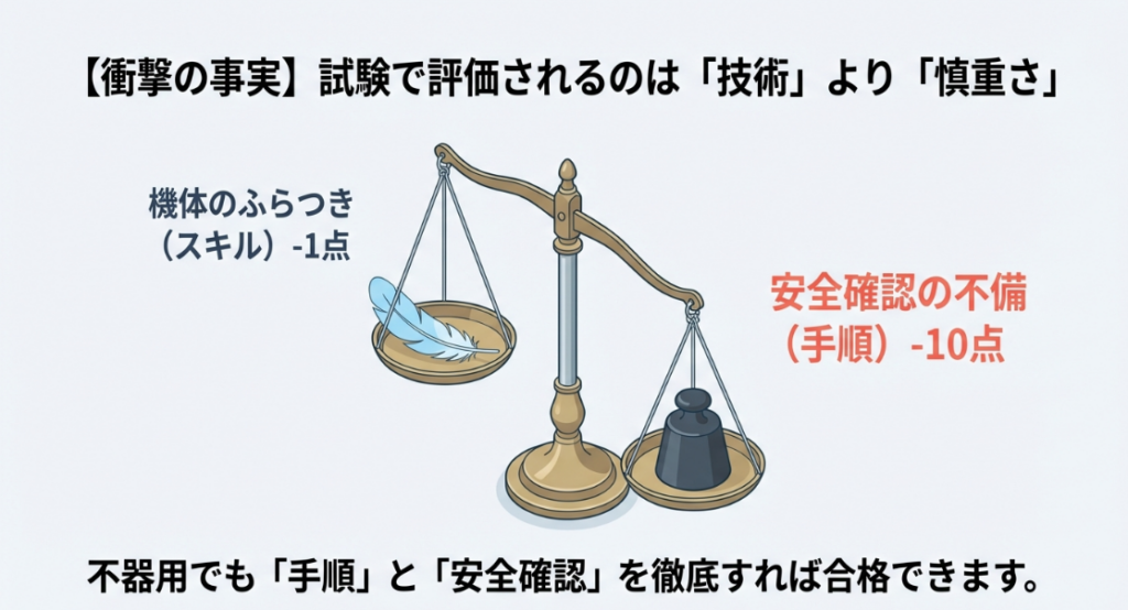 機体のふらつき（-1点）と安全確認の不備（-10点）を天秤にかけ、手順の重要性を強調するイラスト。