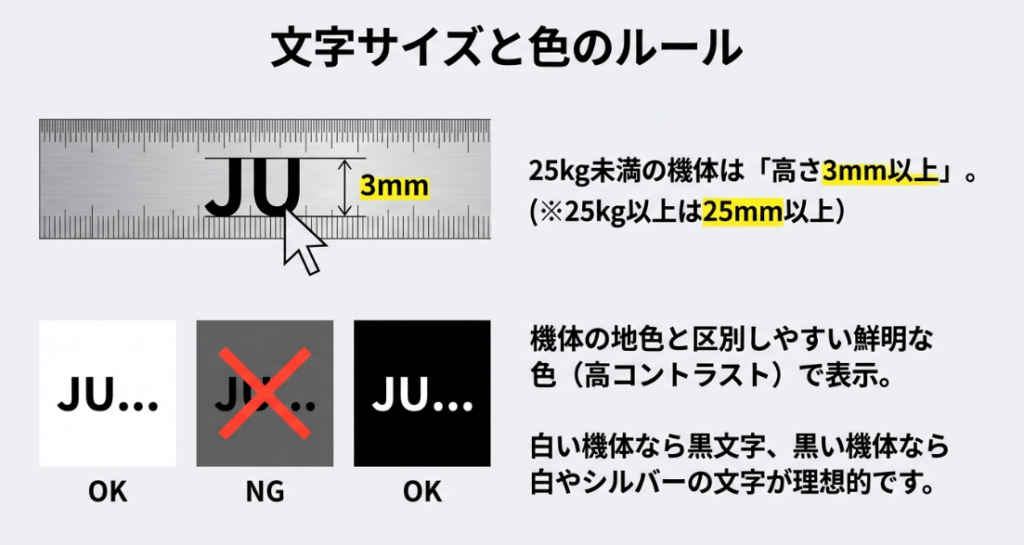 25kg未満は3mm以上、地色と区別しやすい高コントラストな配色の例