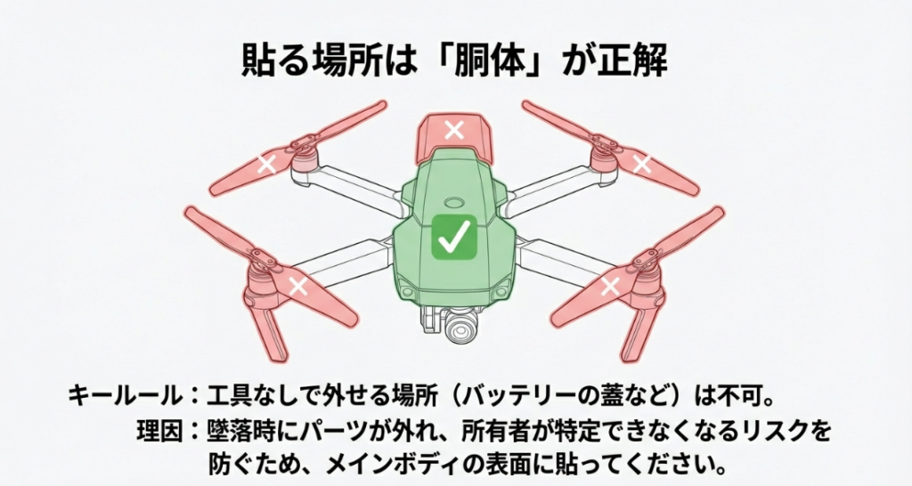 ドローンの胴体部分にチェック、プロペラやバッテリー蓋に×印がついた図解