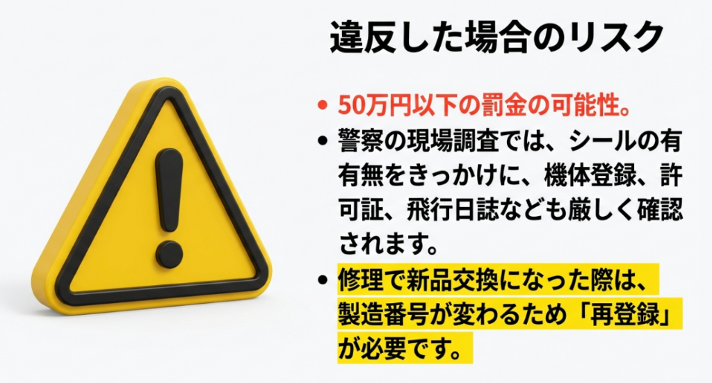 黄色の警告サインと罰則内容、警察の調査項目についての解説図