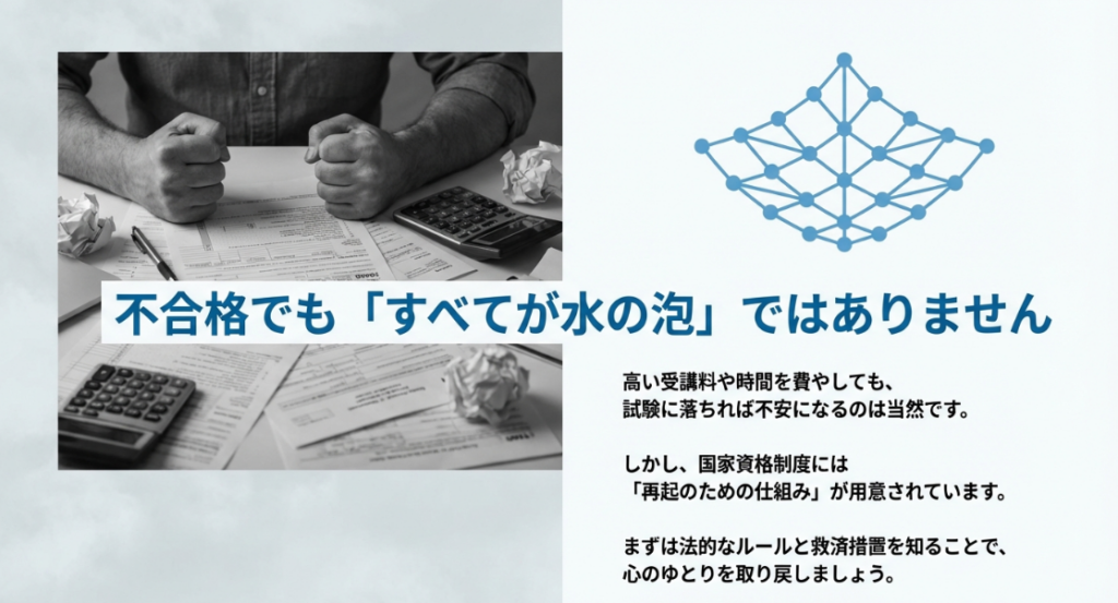 ドローン試験に落ちてもすべてが水の泡ではないことを伝える、国家資格制度の救済措置の案内スライド