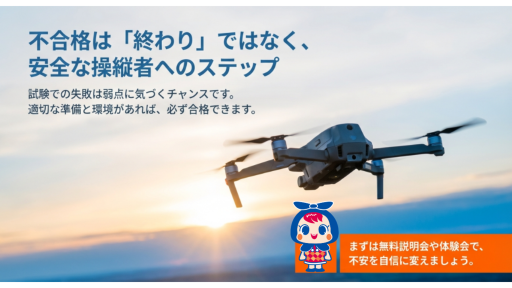 試験での失敗は弱点に気づくチャンスであり、安全な操縦者へのステップであることを伝える応援メッセージスライド