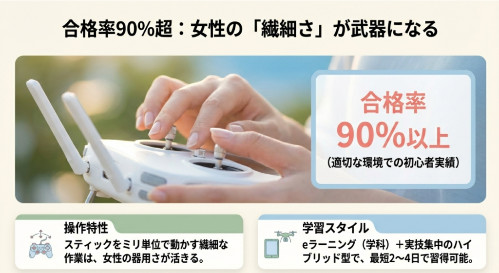適切な環境での初心者合格率90%以上と繊細な操作の解説図