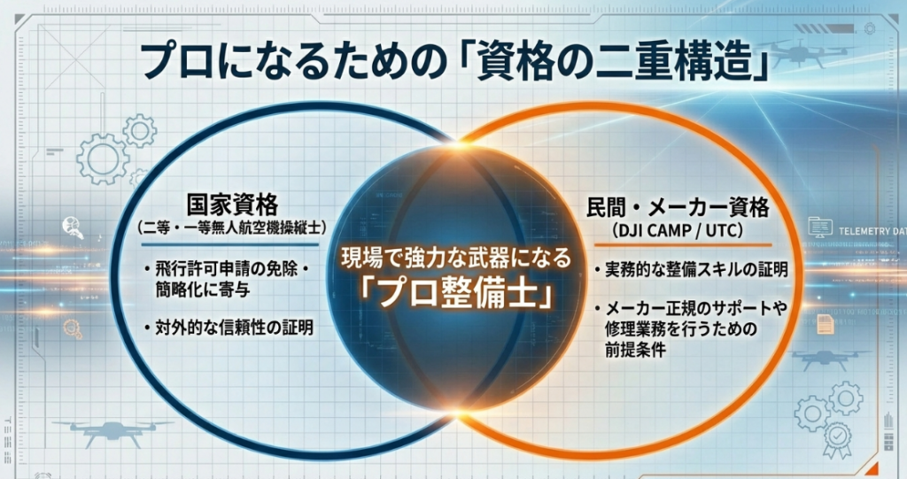 国家資格による信頼性と、民間・メーカー資格による実務スキルの証明を並記した図解