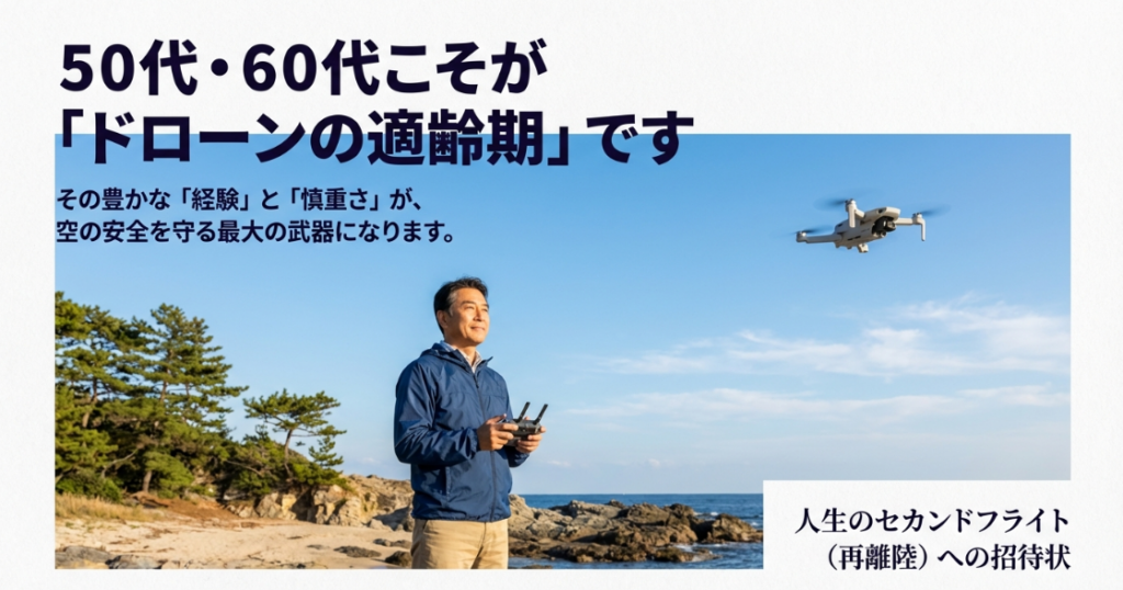 ドローン操縦機を持ち、海辺で空を見上げるシニア男性のイメージ画像