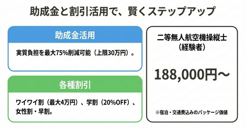 助成金で最大75%削減可能なことや、各種割引制度の内容をまとめたスライド