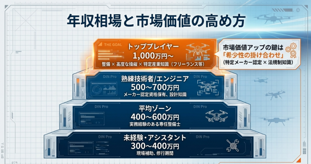 未経験からトッププレイヤー（年収1,000万円以上）までのドローン整備士の年収階層図