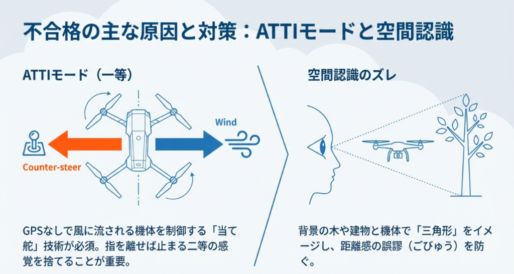 一等試験の風対策「当て舵」の操作イメージと、建物や木を基準に距離感を掴む「三角形」のイメージ解説図