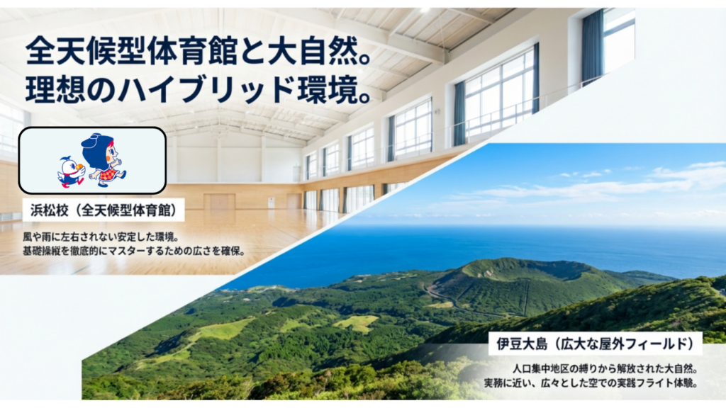 浜松校の全天候型体育館での基礎マスターと、伊豆大島の広大な屋外フィールドでの実践フライトの紹介