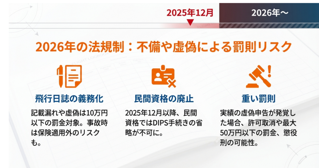 2026年からの飛行日誌義務化や民間資格廃止、虚偽申告による罰則リスクのまとめ