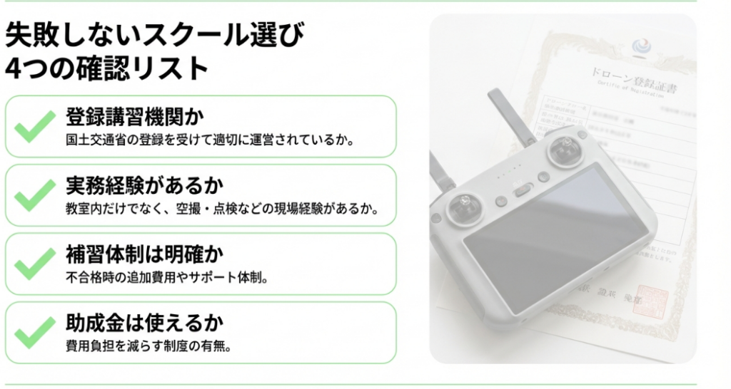 登録講習機関、実務経験、補習体制、助成金の有無をチェックするスクール選びの確認リスト