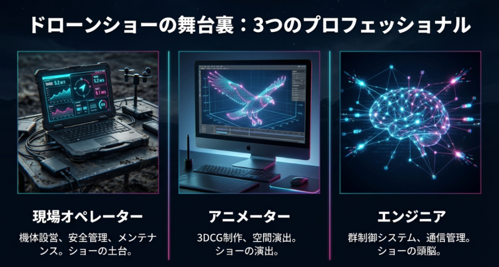 現場オペレーター、アニメーター、エンジニアの3つの職能区分を説明する図