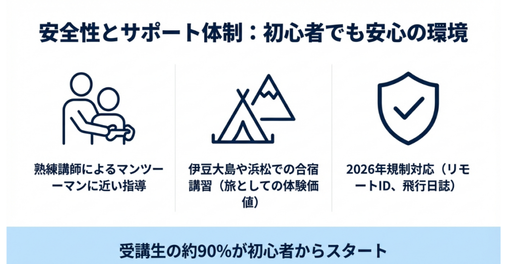 マンツーマン指導、合宿講習のイメージ、およびリモートIDや飛行日誌などの2026年規制対応のアイコン。