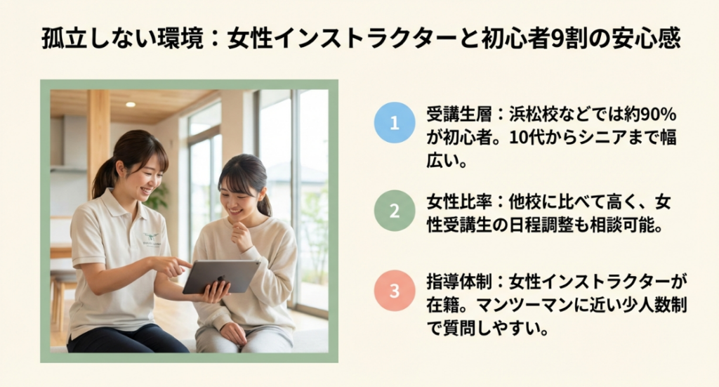 女性講師から丁寧な指導を受ける受講生の様子