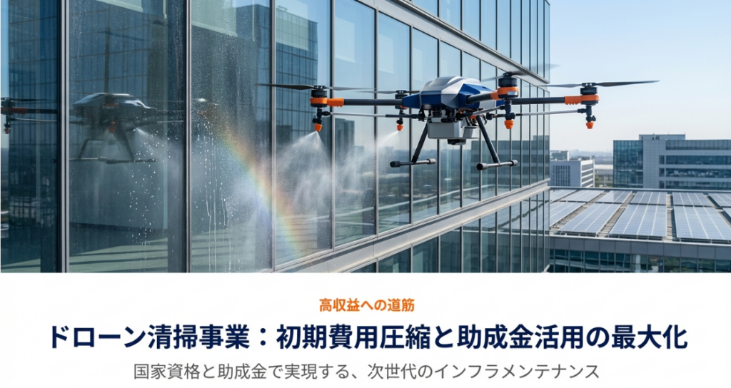 ビル外壁を清掃する産業用ドローンのイメージと、高収益への道筋、初期費用圧縮、助成金活用のタイトルスライド。