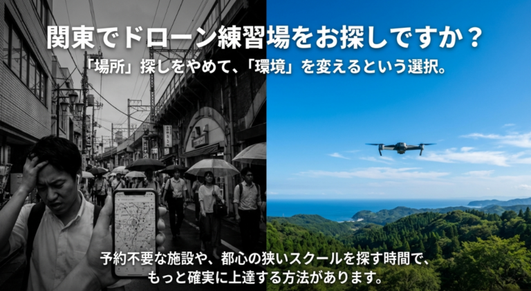 関東でのドローン練習場所探しに悩む方へ向けた、場所から環境へ変えることを提案するおしんドローンスクールの表紙スライド