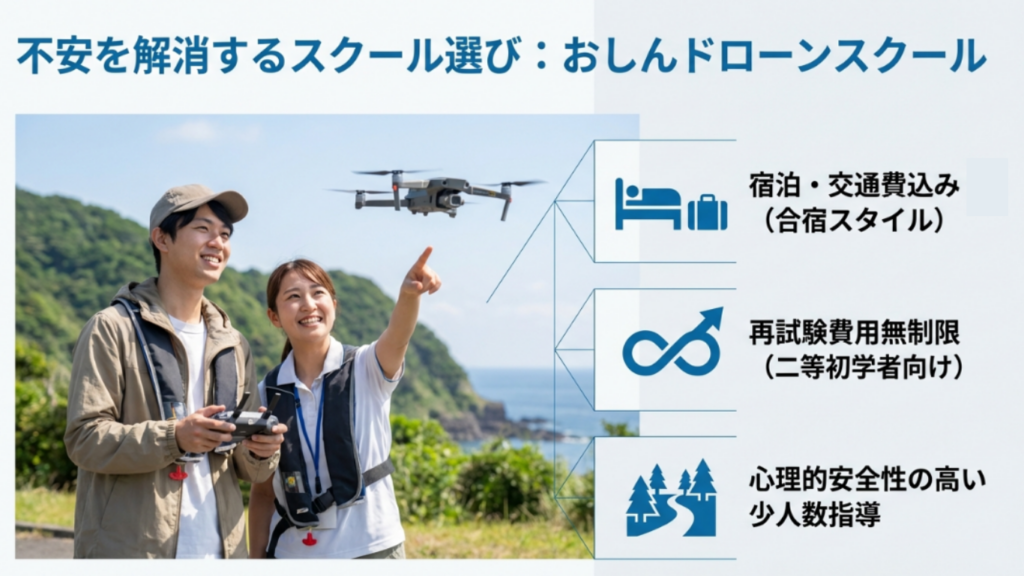 宿泊・交通費込みの合宿スタイル、二等初学者向けの再試験費用無制限サポート、少人数指導の魅力を伝えるスライド