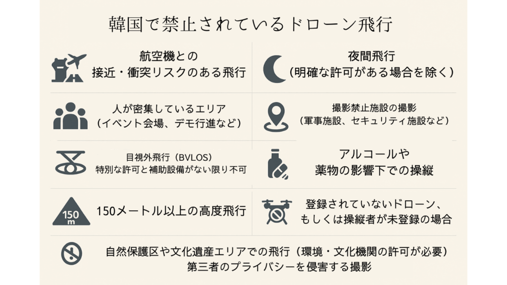 韓国のドローン規制で禁止されている飛行ルールの画像