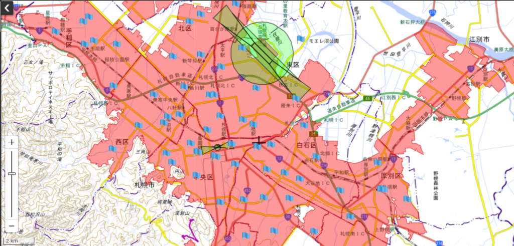 札幌周辺の人口集中地区（DID）の画像