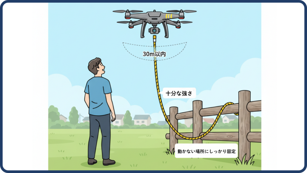 ドローン係留の定義,30m以内の紐で固定する飛行方法の画像