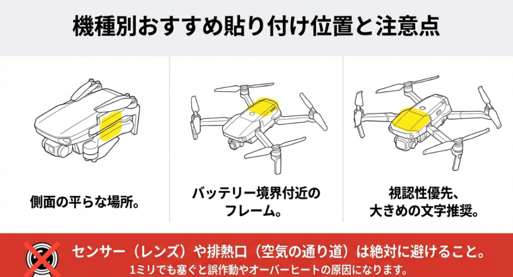 DJI Mini、Air、Mavic各シリーズのおすすめ貼付位置を黄色く示したイラスト