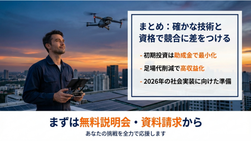 ドローンを操作する作業員の背景に都市が広がるイメージと、初期投資の最小化、足場代削減による高収益化のまとめ。