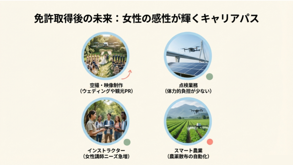 空撮、点検、講師、農業の4つの仕事事例