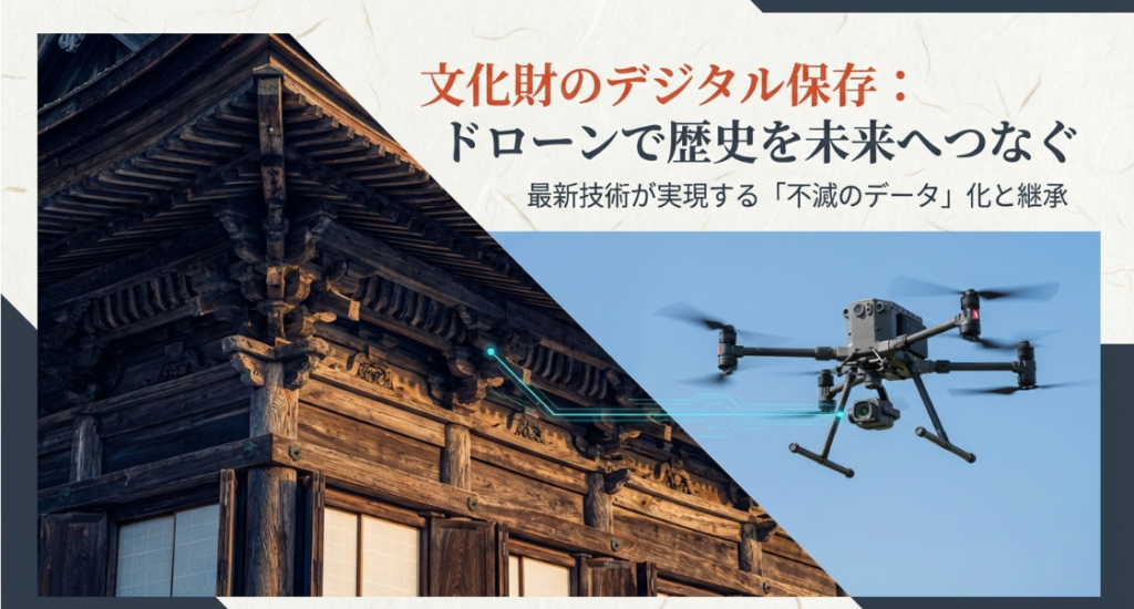 文化財のデジタル保存をテーマに、ドローンが歴史的建造物を撮影し「不滅のデータ」化することを伝えるイメージ図。