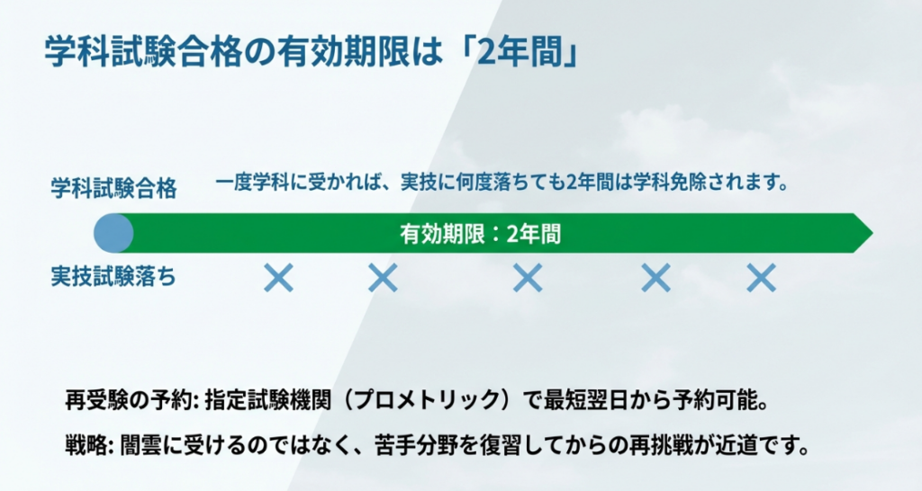 学科試験に一度合格すれば、2年間は実技試験で不合格になっても学科が免除される仕組みの解説図