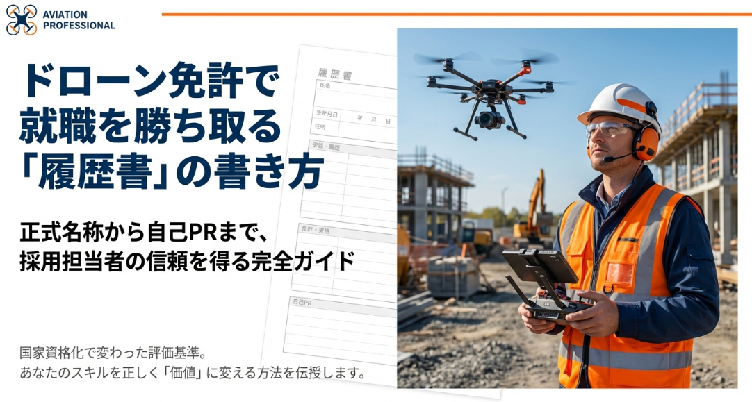 ドローンを操縦する作業員と履歴書のイメージ画像