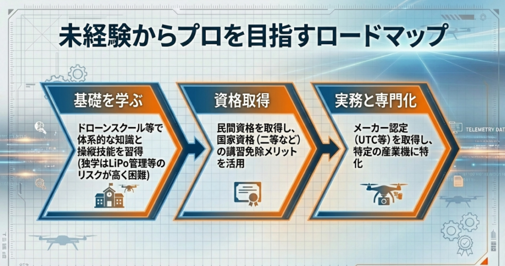スクールでの基礎習得、資格取得、実務専門化の3ステップで進むキャリア形成の流れ