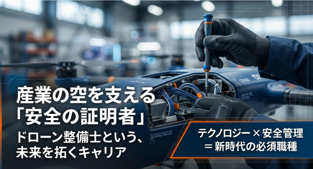 産業用ドローンの内部を精密ドライバーで整備する手元と、新時代の必須職種であることを示すキャッチコピー