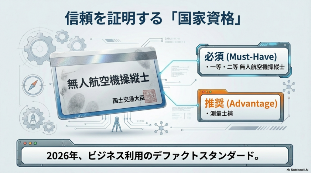 必須となる一等・二等無人航空機操縦士資格と、あると有利な測量士補資格の解説