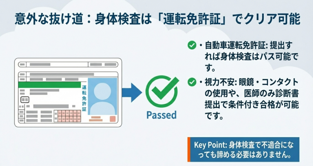 自動車運転免許証の提出でドローン免許の身体検査がパスできることと、視力不安への対応策を紹介するスライド
