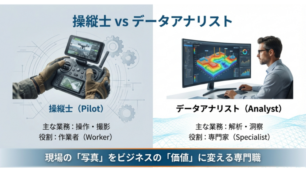 作業者としての操縦士と、解析・洞察を行う専門家としてのデータアナリストの違いを比較したスライド