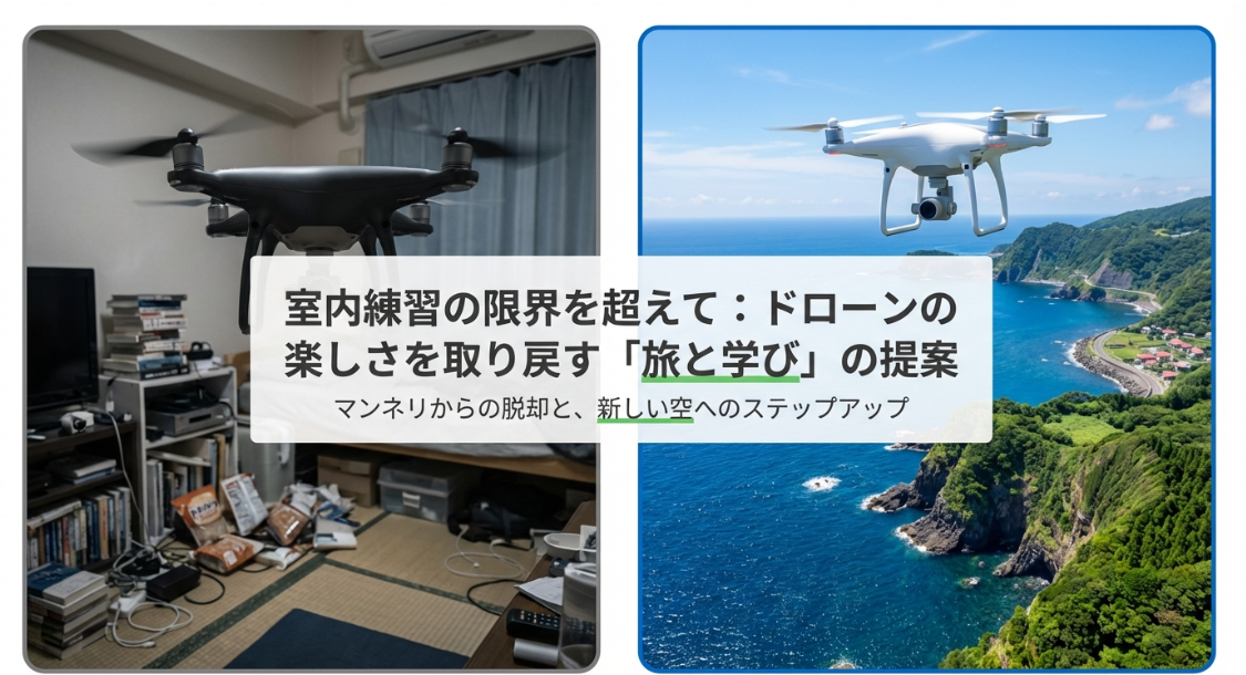室内練習の限界を超えて、ドローンの楽しさを取り戻す「旅と学び」の提案スライド
