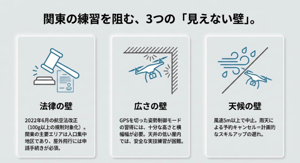 2022年航空法改正、GPSオフ練習に必要な空間、風速5m以上の制限など、関東のドローン練習を阻む3つの課題の図解