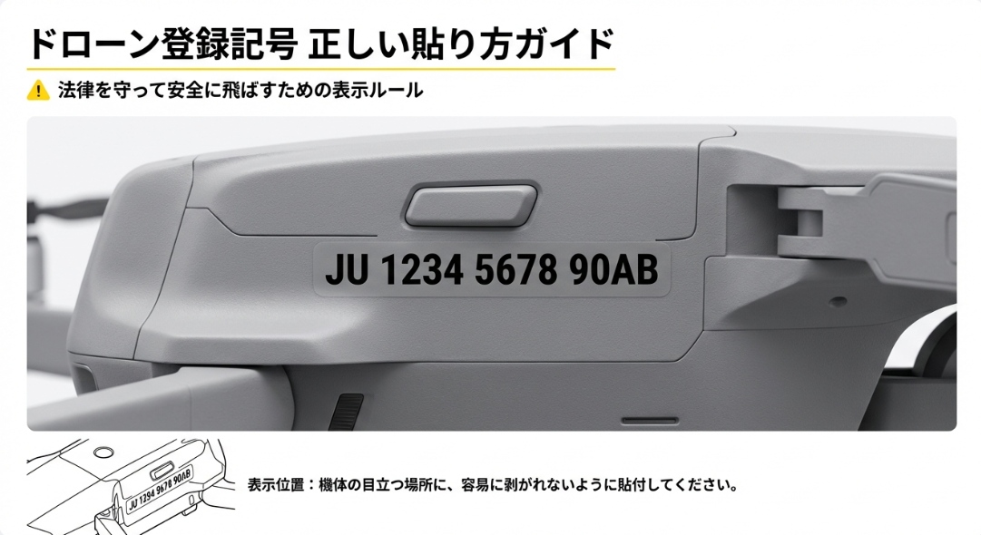 DJI製ドローンの側面にJUから始まる登録記号が貼られている様子