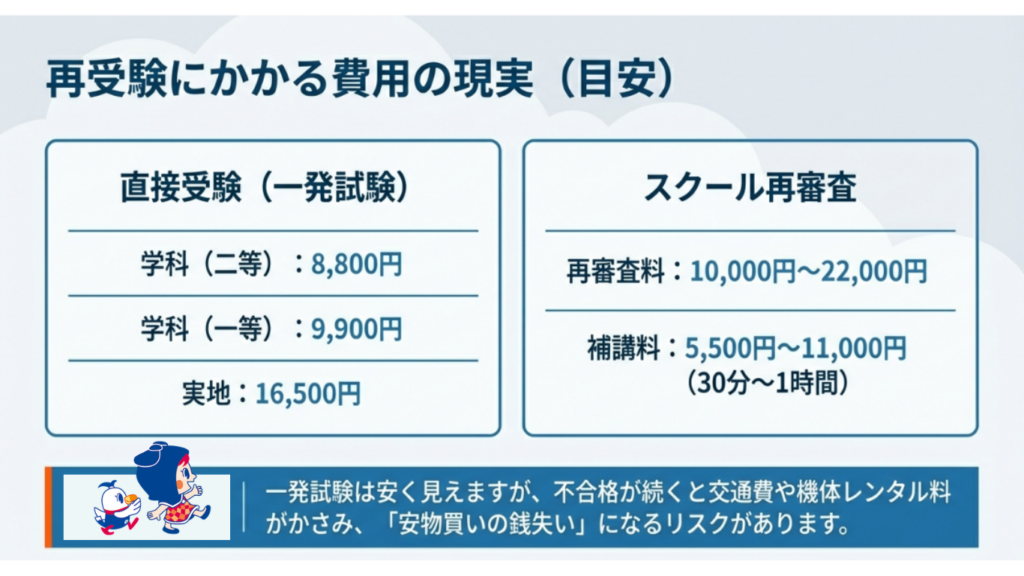 直接受験の再受験料とスクールの再審査料・補講料の目安、および不合格が続いた際の隠れたコストの警告
