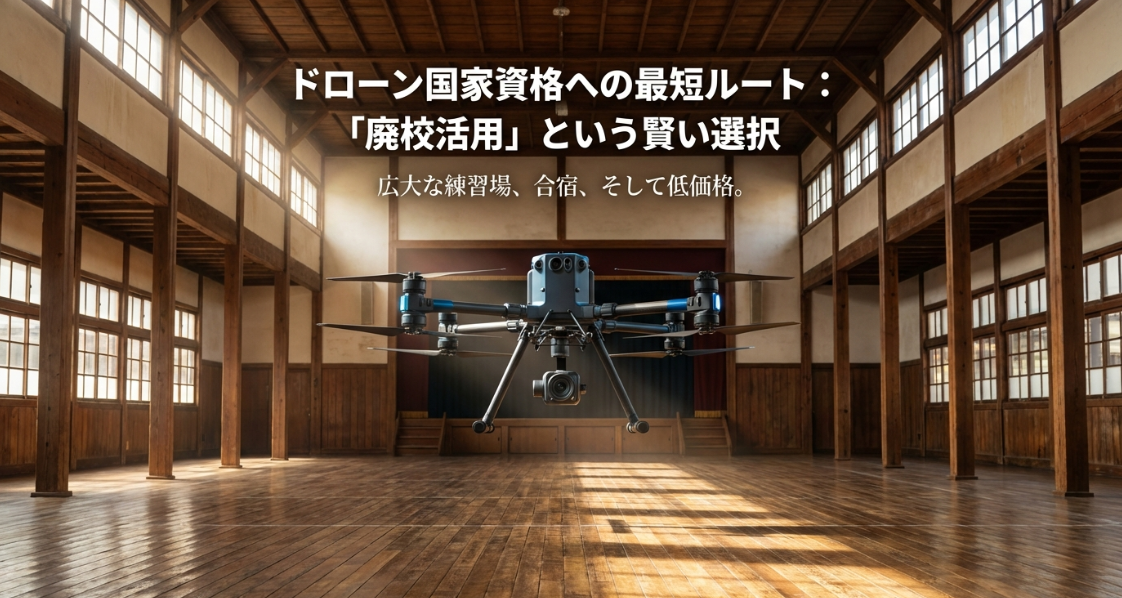 ドローンスクールの国家資格取得における廃校活用の利点（広大な練習場・合宿・低価格）をまとめた表紙スライド