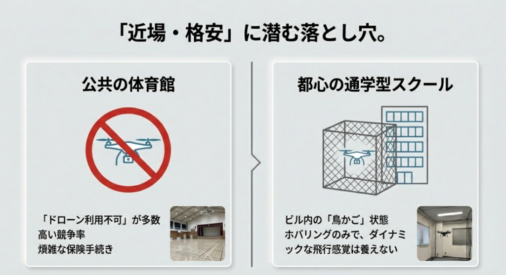 ドローン利用不可が多い公共体育館と、ビル内の狭い「鳥かご」状態な都心スクールの比較図