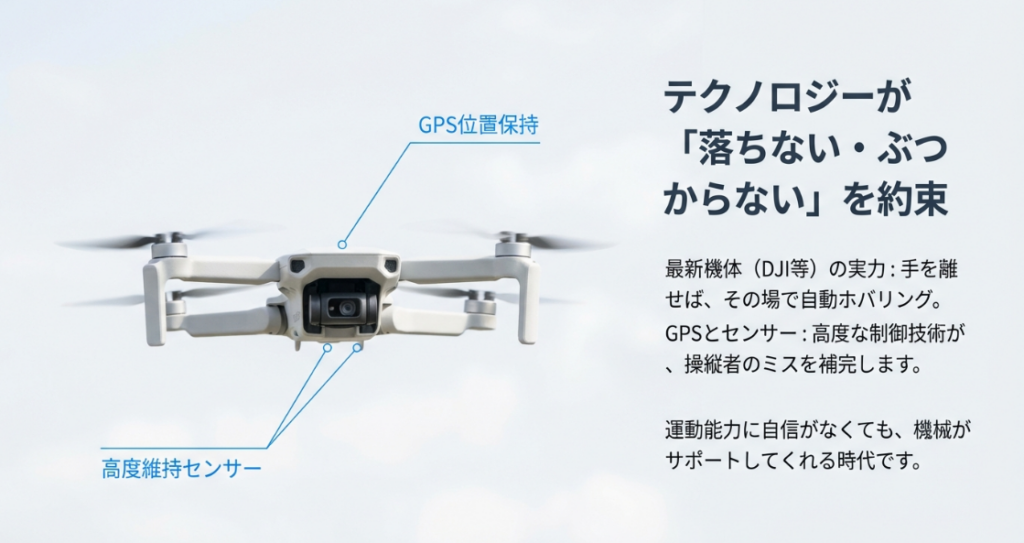 ドローン機体の各部に搭載されたGPSや高度維持センサーが操縦をサポートするイメージ。