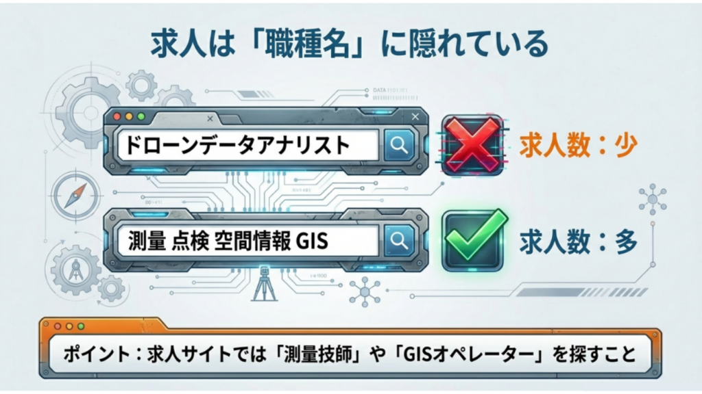 必須「ドローンデータアナリスト」だけでなく「測量」「GIS」「空間情報」などのキーワードで検索すると求人数が多いことを示す比較図となる一等・二等無人航空機操縦士資格と、あると有利な測量士補資格の解説