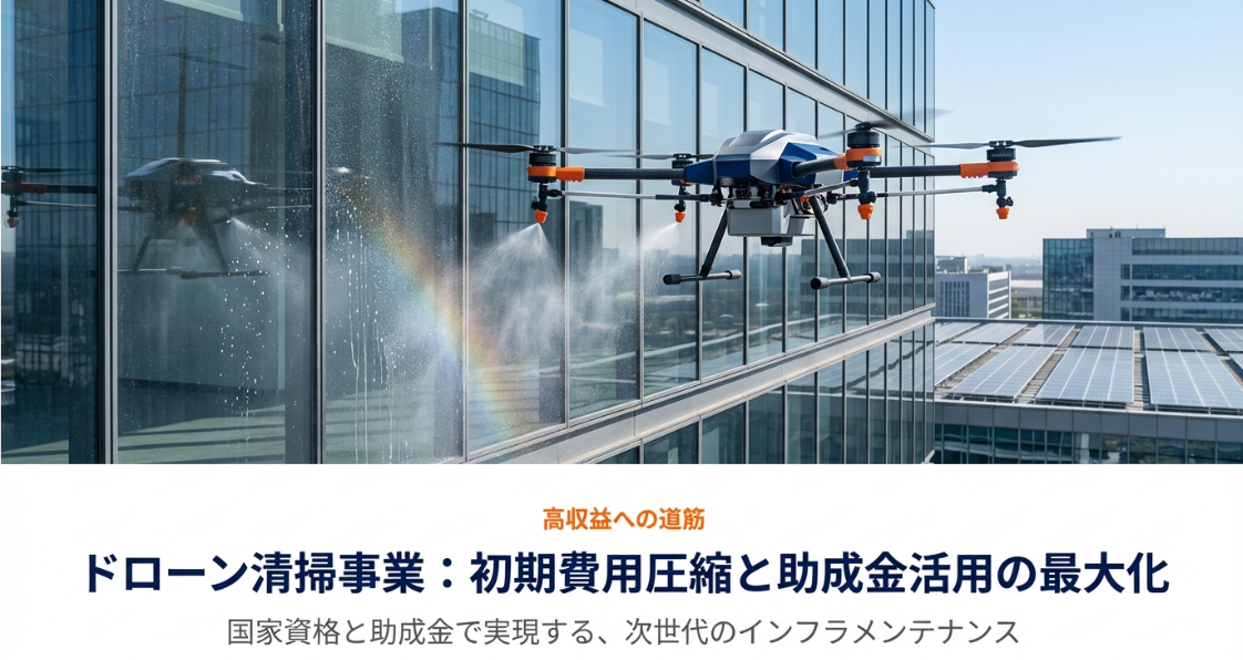 ビル外壁を清掃する産業用ドローンのイメージと、高収益への道筋、初期費用圧縮、助成金活用のタイトルスライド。