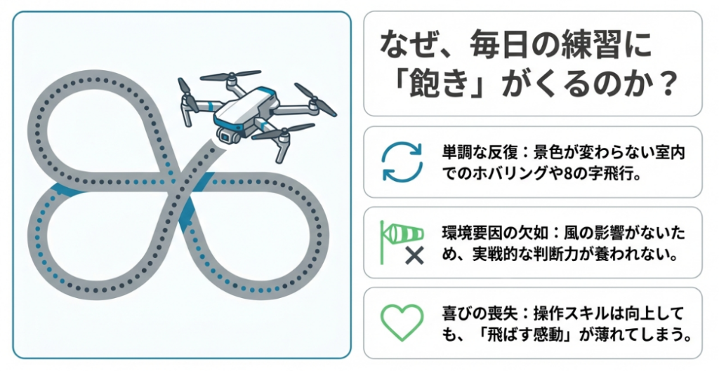景色の変わらない室内での反復練習や環境要因の欠如による練習の飽きを説明する図