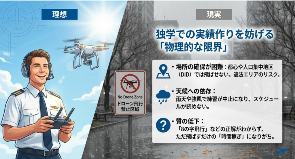 独学でのドローン練習における場所確保の困難さや天候依存、訓練の質の低下についての比較