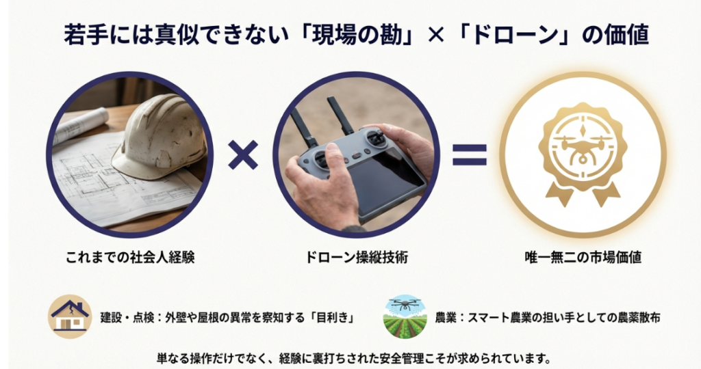 建設現場の図面とヘルメット、ドローンの送信機を掛け合わせた市場価値の図解